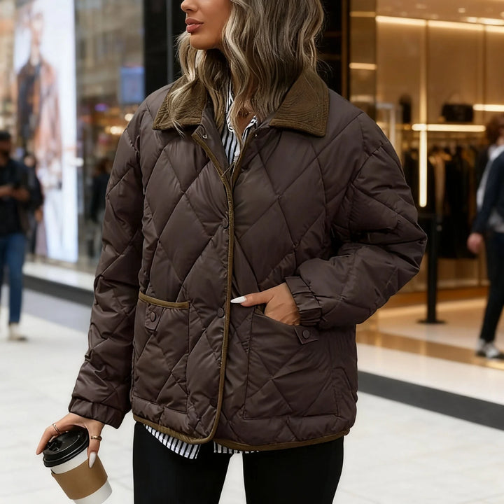 Women's quilted winter puffer jacket with snap button closure in Brown