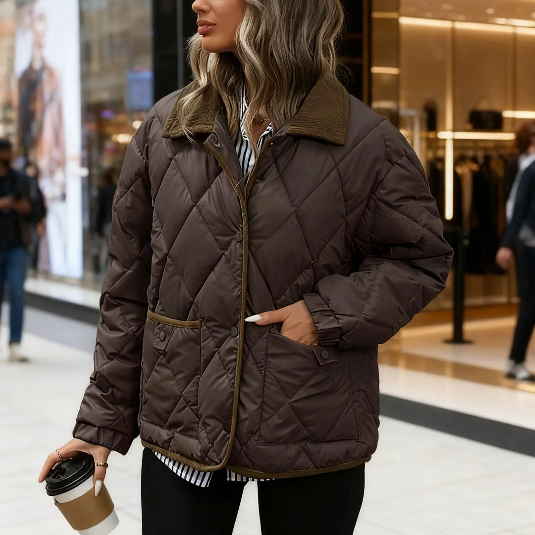 Women's quilted winter puffer jacket with snap button closure in Brown