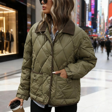 Women's quilted winter puffer jacket with snap button closure in Olive Green