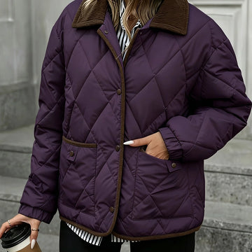 Women's quilted winter puffer jacket with snap button closure in Purple