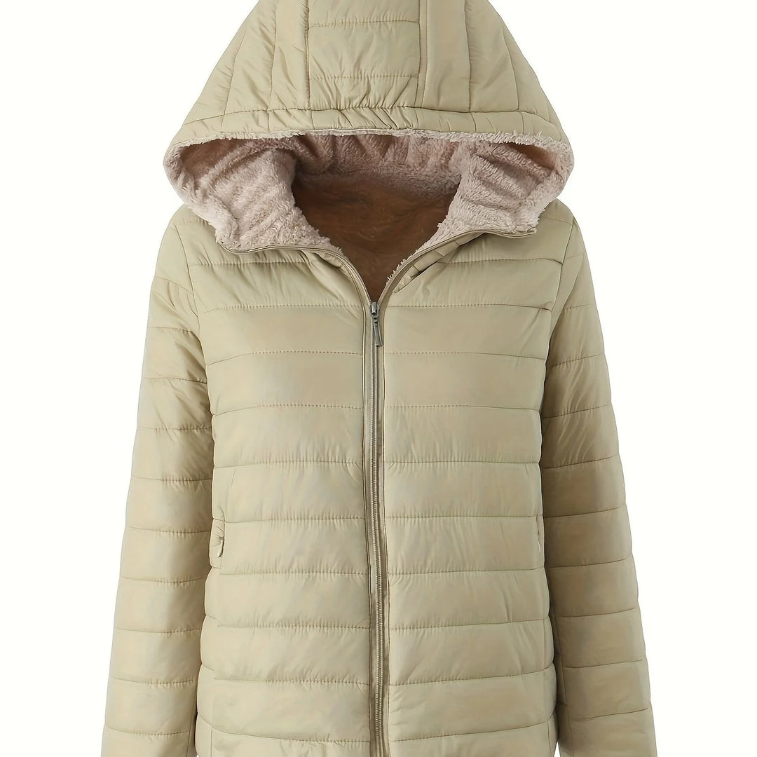 Women's quilted sherpa-lined hooded winter puffer jacket in Beige
