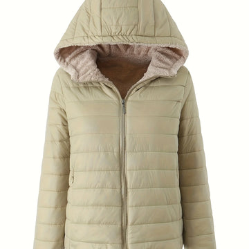 Women's quilted sherpa-lined hooded winter puffer jacket in Beige