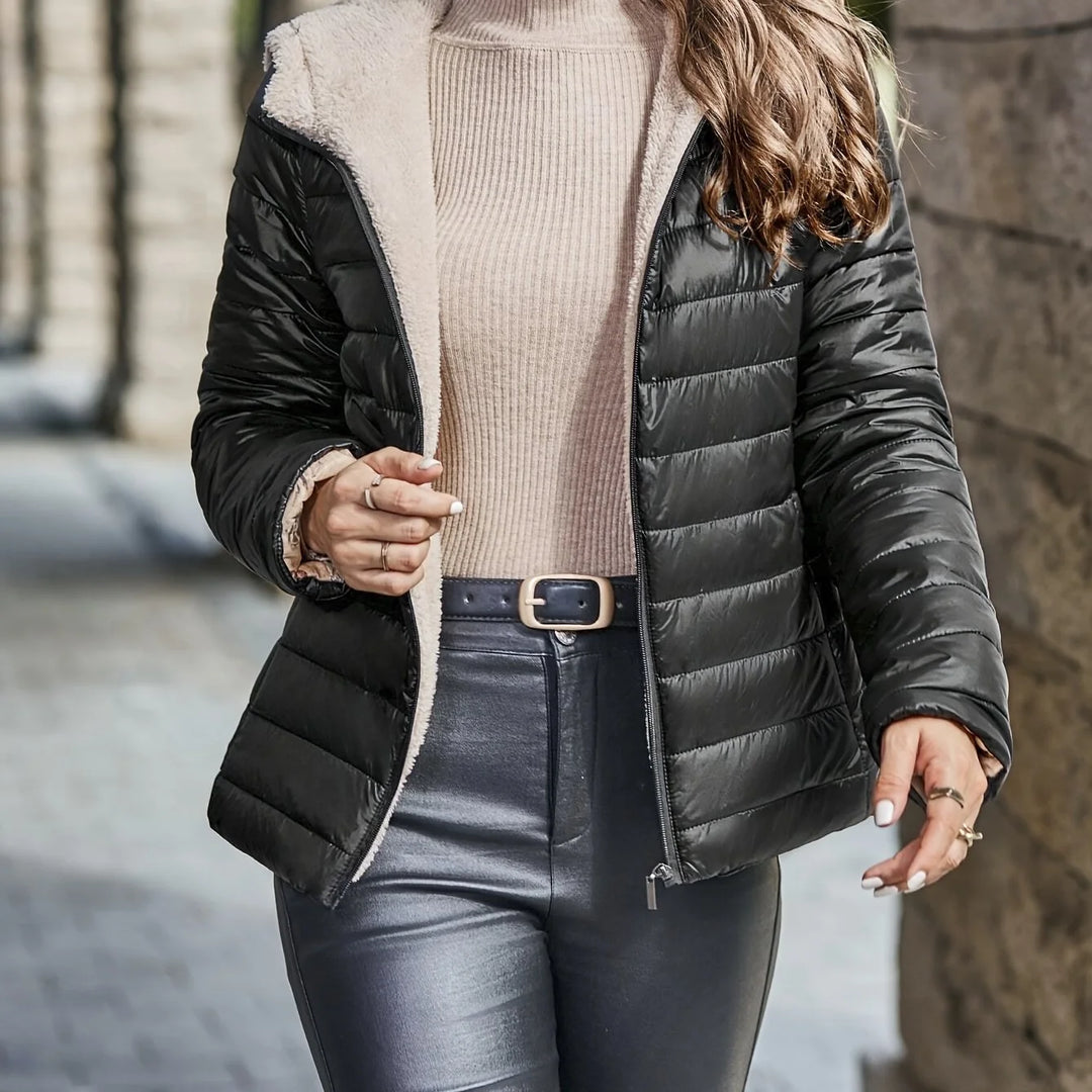 Women's quilted sherpa-lined hooded winter puffer jacket in Black