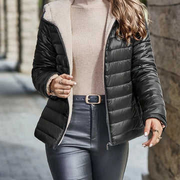 Women's quilted sherpa-lined hooded winter puffer jacket in Black