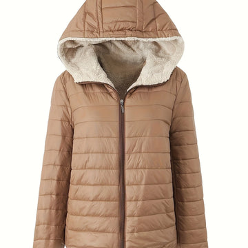 Women's quilted sherpa-lined hooded winter puffer jacket in Coffee