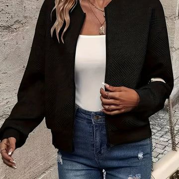 Women's quilted zip-up winter bomber jacket with full zip closure in Black