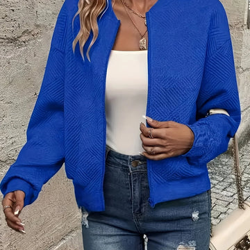 Women's quilted zip-up winter bomber jacket with full zip closure in Blue