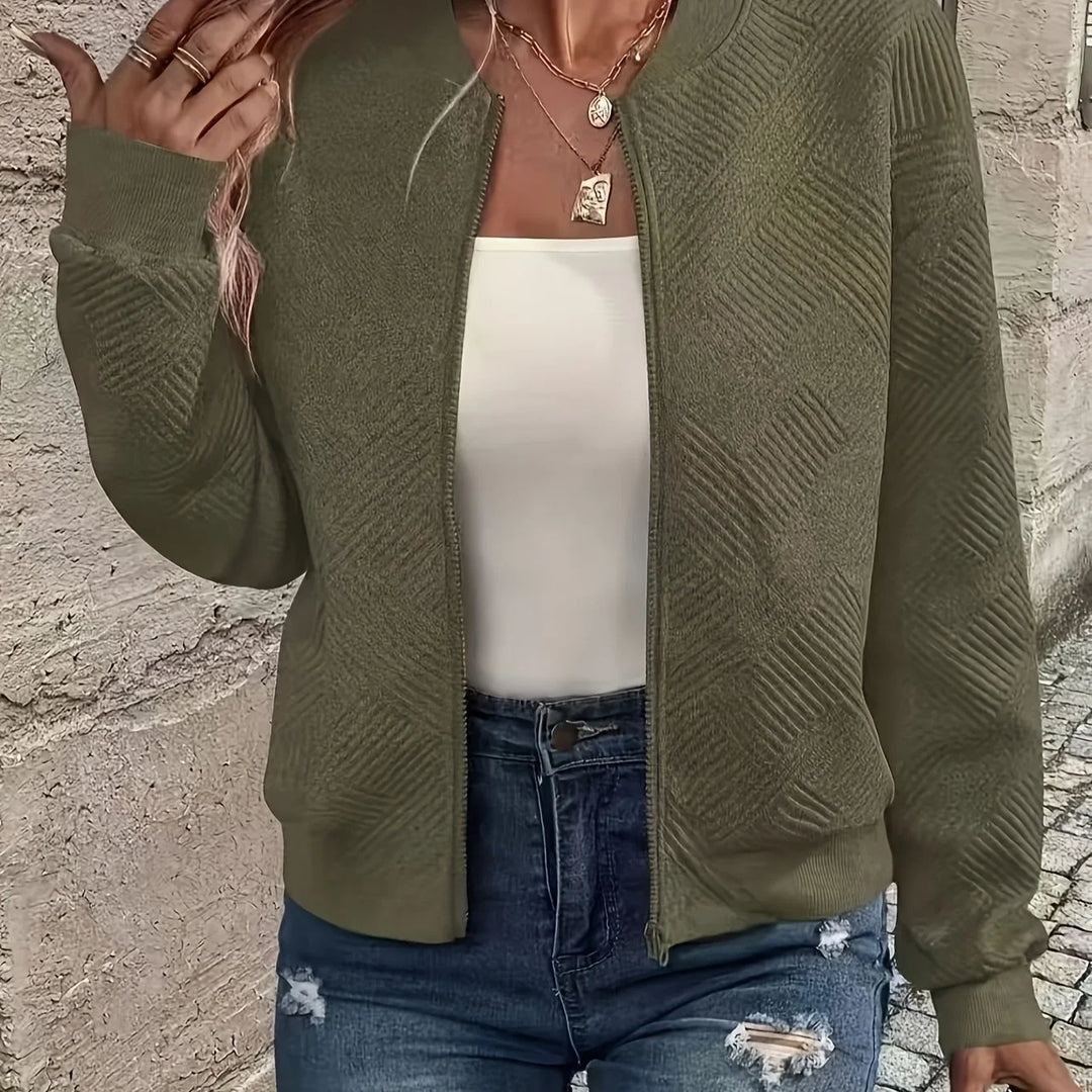 Women's quilted zip-up winter bomber jacket with full zip closure in Fern Green