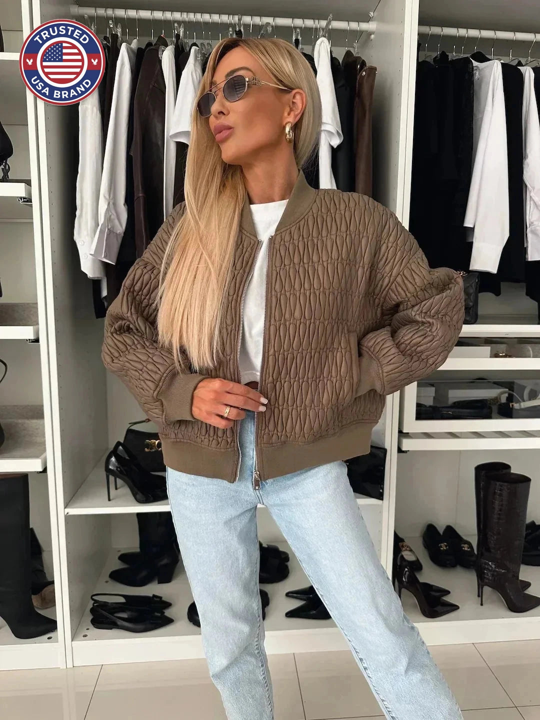 Women's Quilted Zip Up Bomber Jacket - White