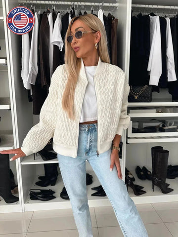 Women's Quilted Zip Up Bomber Jacket - White