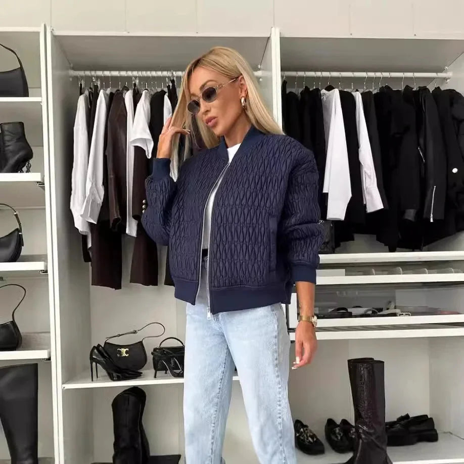 Women's Quilted Zip Up Bomber Jacket - White