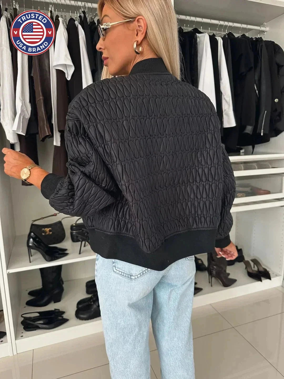 Women's Quilted Zip Up Bomber Jacket - White