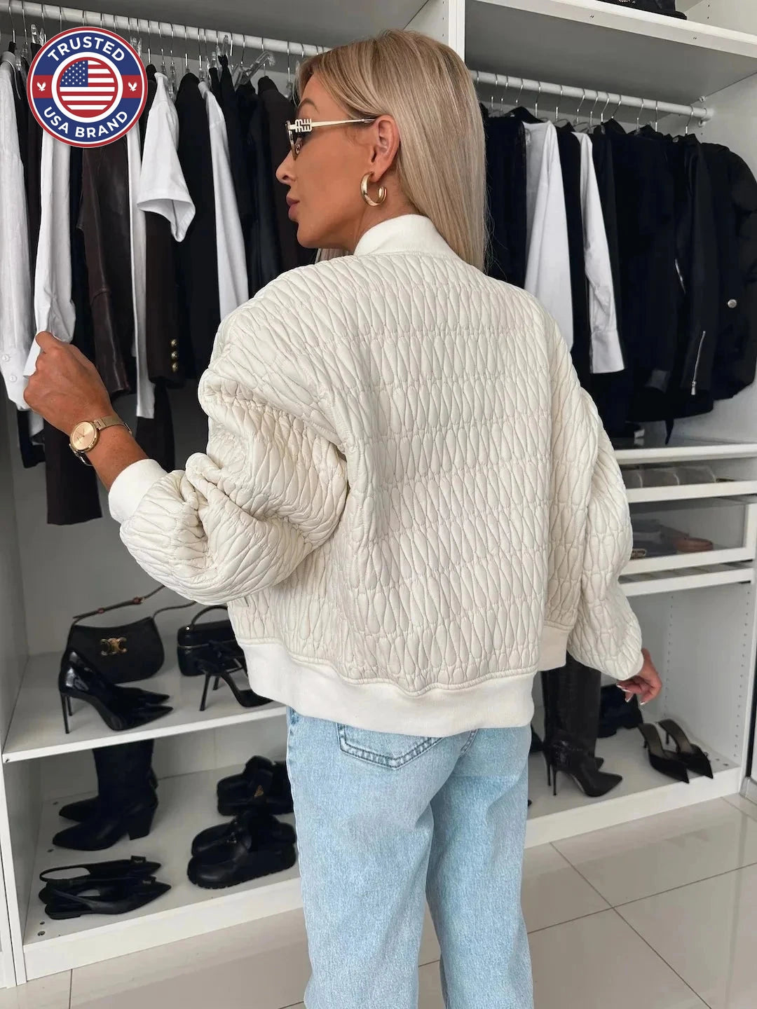 Women's Quilted Zip Up Bomber Jacket - White