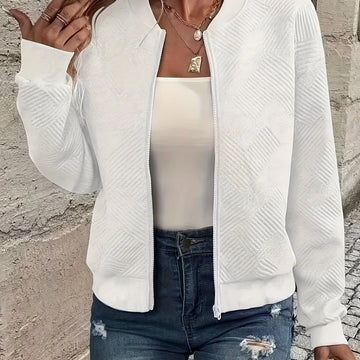 Women's quilted zip-up winter bomber jacket with full zip closure in White