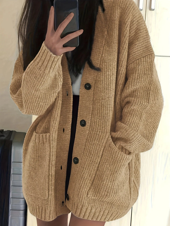 Women's relaxed button-front winter cardigan with pockets in Coffee Brown