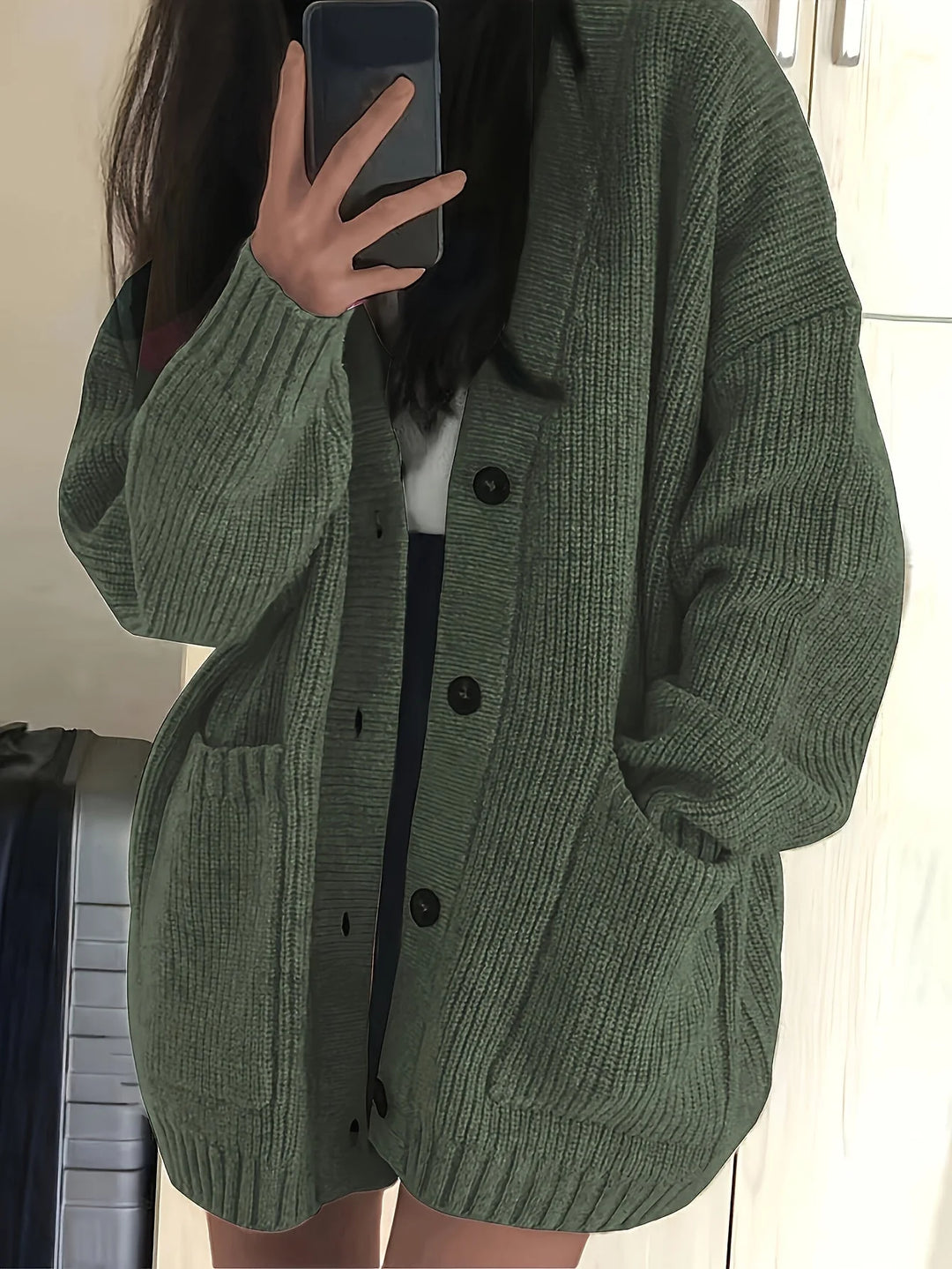 Women's relaxed button-front winter cardigan with pockets in Green