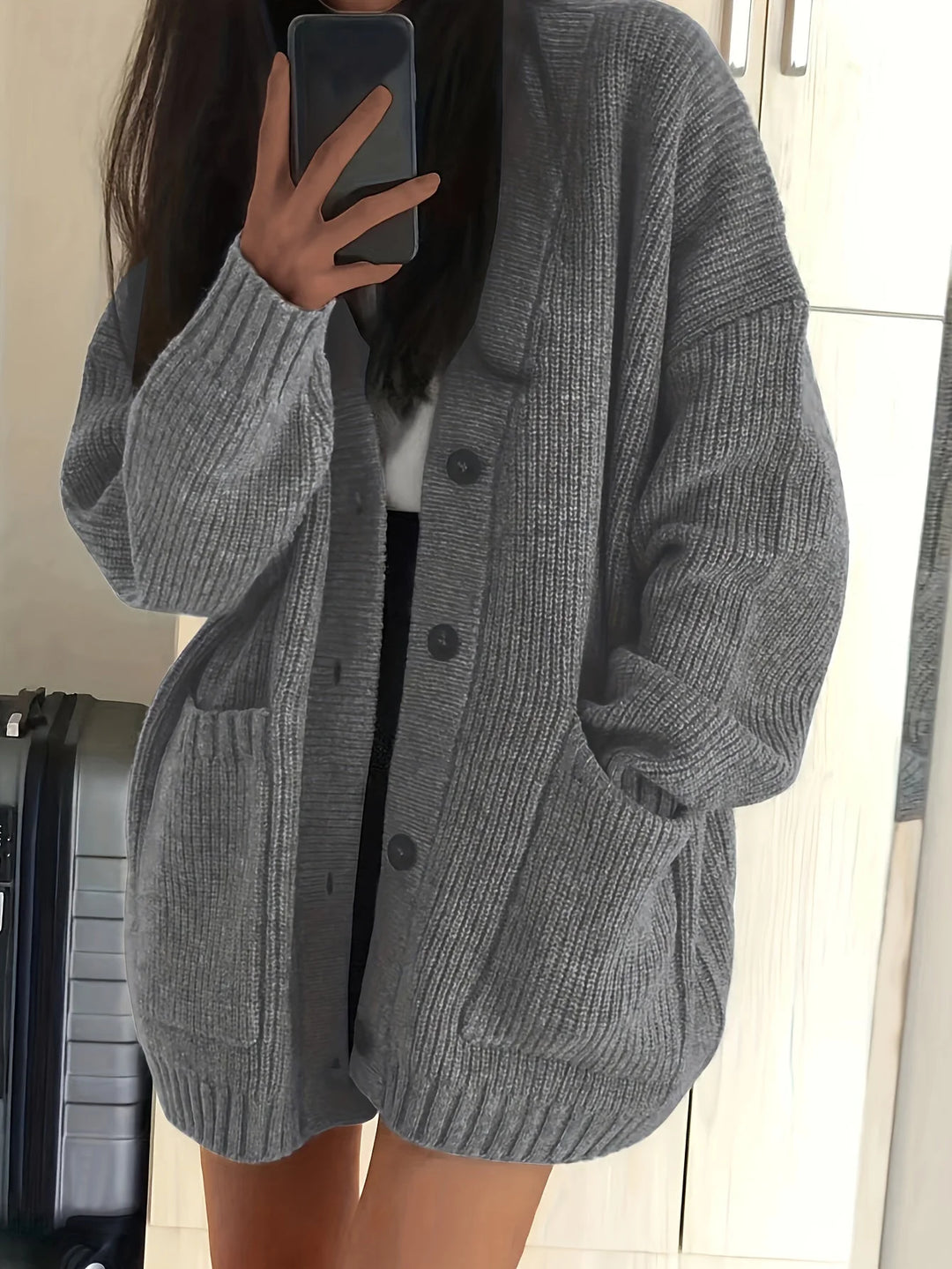 Women's relaxed button-front winter cardigan with pockets in Grey