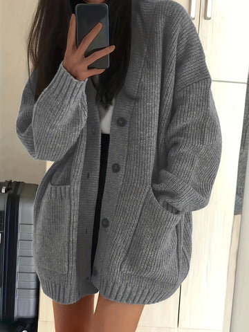 Women's relaxed button-front winter cardigan with pockets in Grey