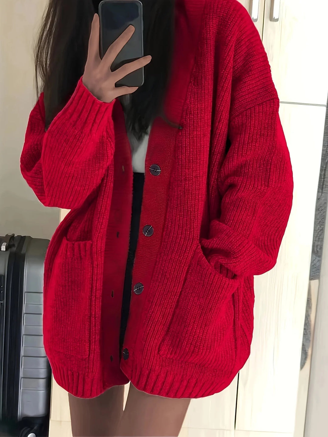 Women's relaxed button-front winter cardigan with pockets in Red