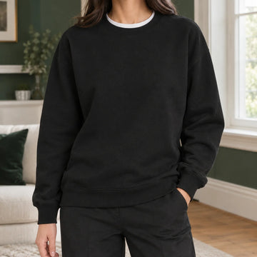 Women's relaxed cotton blend crew neck winter sweatshirt in Black