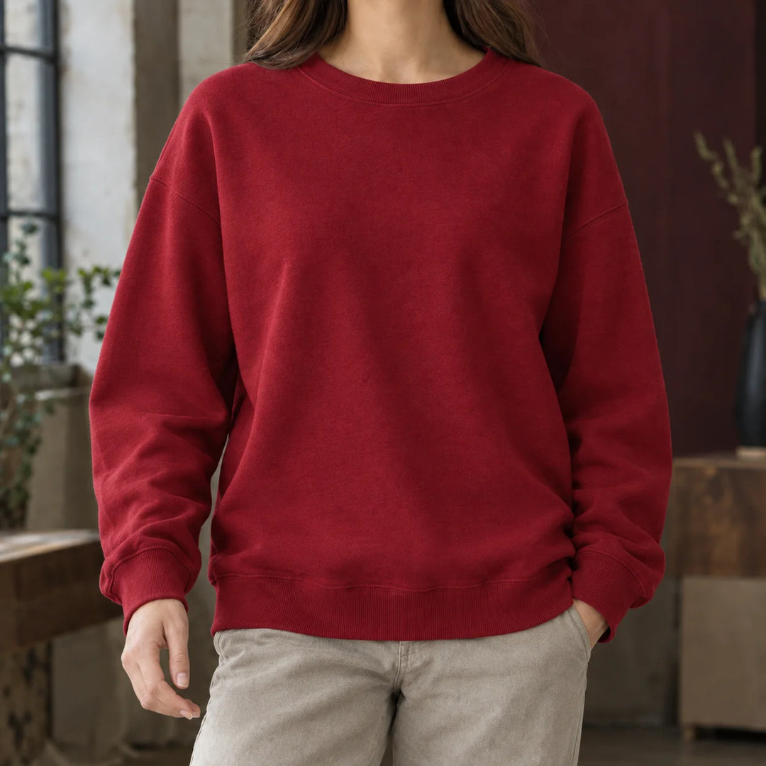 Women's relaxed drop-shoulder crew neck winter sweatshirt in Burgundy
