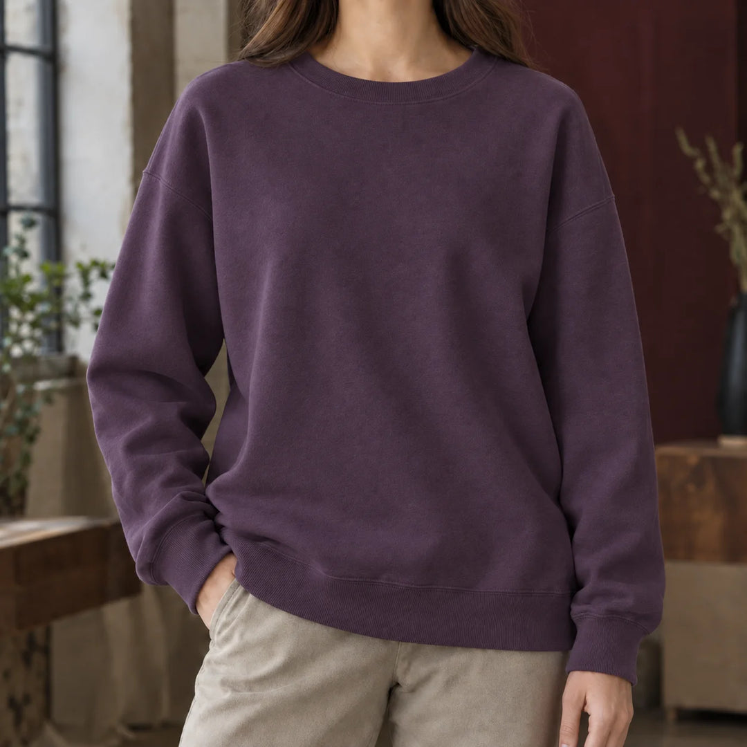 Women's relaxed drop-shoulder crew neck winter sweatshirt in Plum Purple