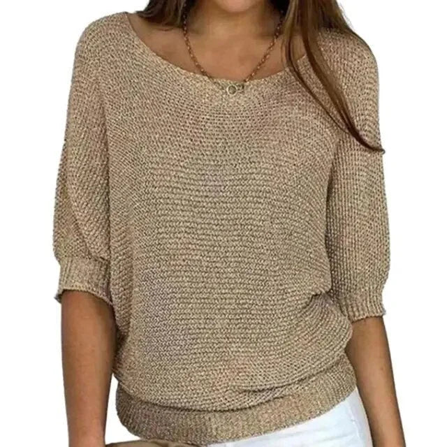 Women's relaxed fit winter jumper with three-quarter sleeves in Brown