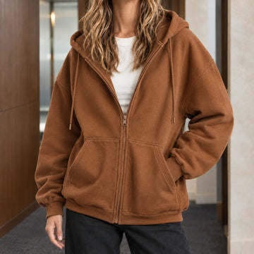 Women's relaxed zip-up winter hoodie with drawstring hood in Brown