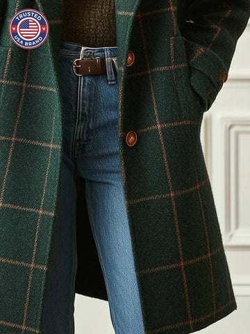 Women's Retro Lapel Plaid Tweed Coat - Dark Green