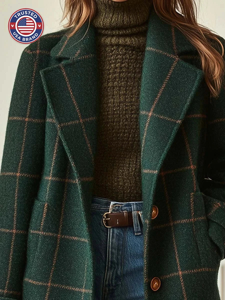 Women's Retro Lapel Plaid Tweed Coat - Dark Green