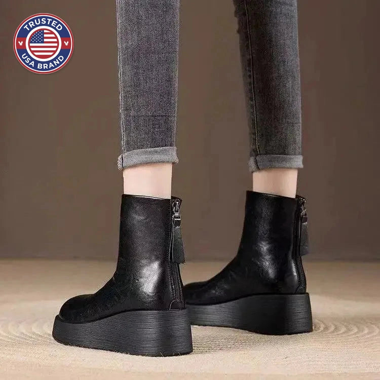 Women's platform leather retro oversized round toe ankle winter boots