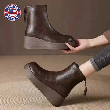 Women's platform leather retro oversized round toe ankle winter boots