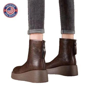 Women's platform leather retro oversized round toe ankle winter boots