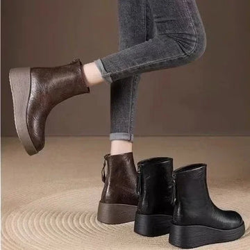 Women's platform leather retro oversized round toe ankle winter boots