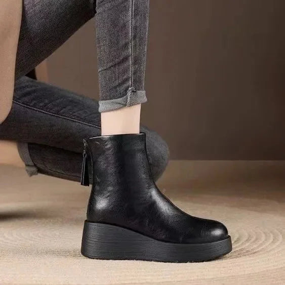 Women's platform leather retro oversized round toe ankle winter boots in Black