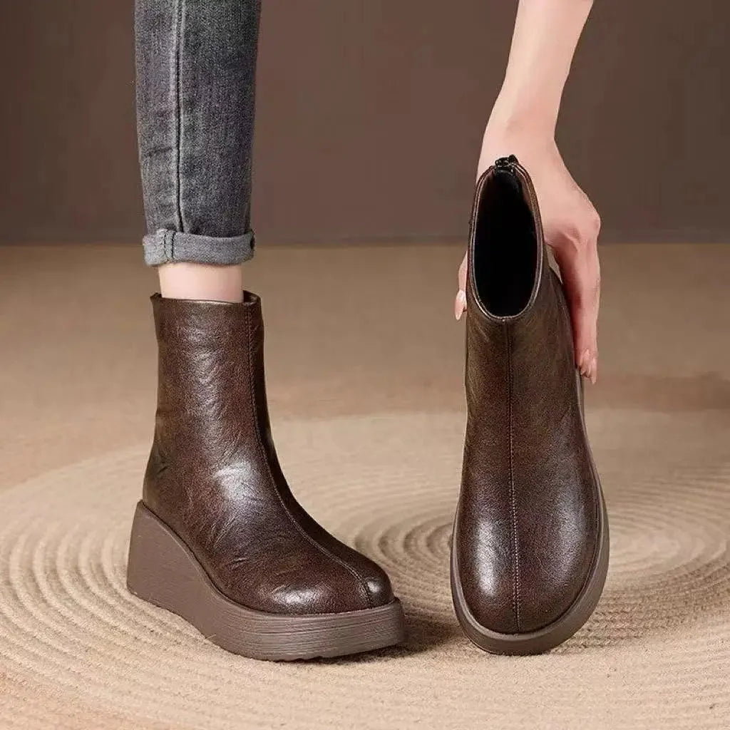 Women's platform leather retro oversized round toe ankle winter boots in Dark Brown