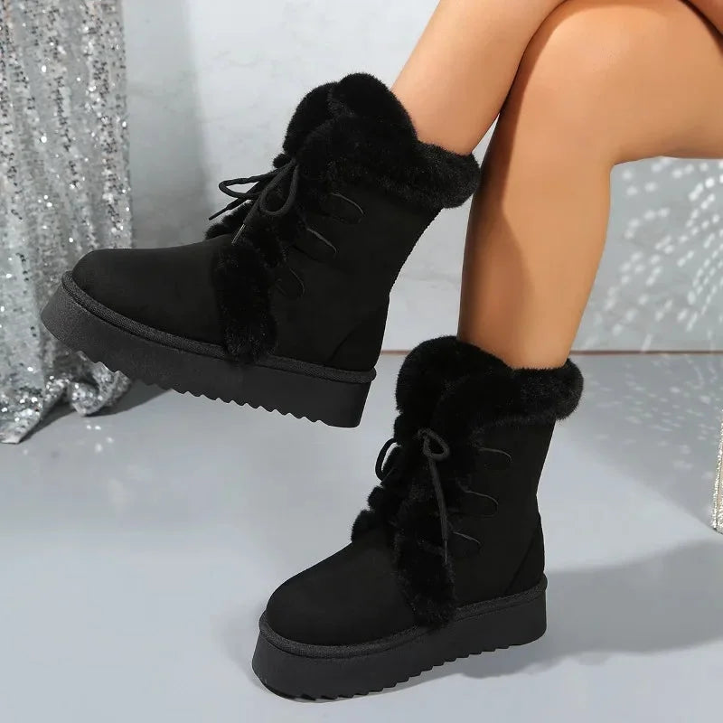 Women's retro mid-calf winter snow boots in Black