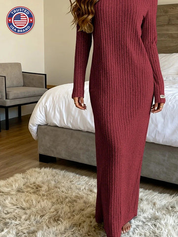 Women's ribbed knit winter maxi sweater dress in Black