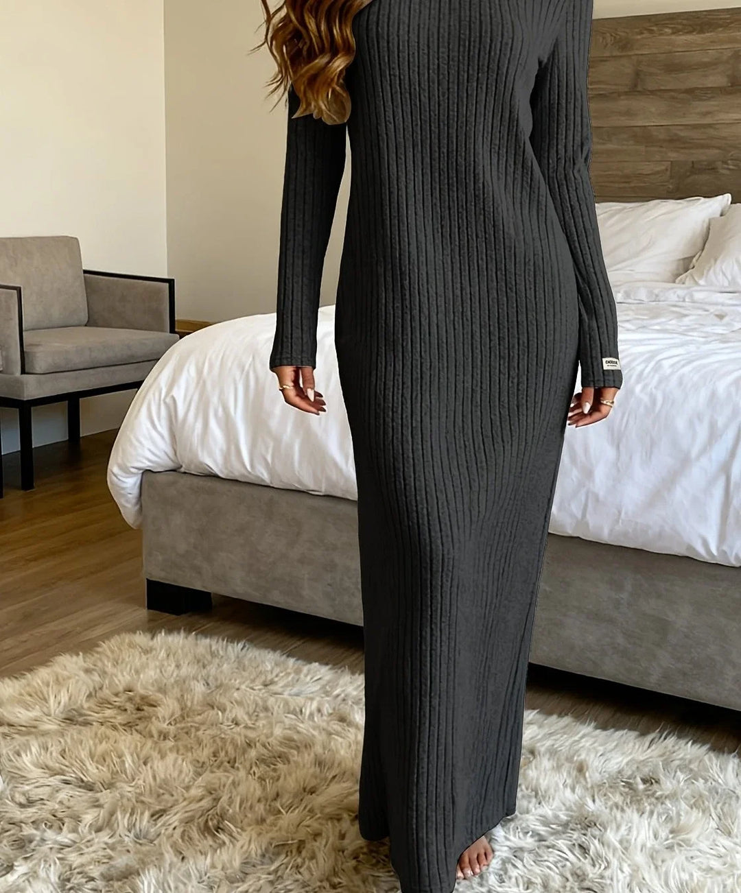 Women's ribbed knit winter maxi sweater dress in Black