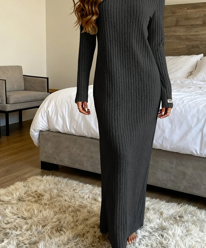 Women's ribbed knit winter maxi sweater dress in Black