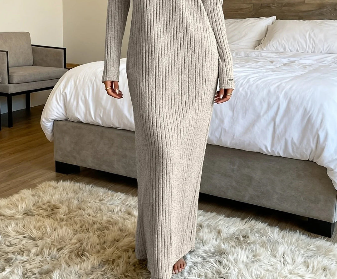 Women's ribbed knit winter maxi sweater dress in Khaki