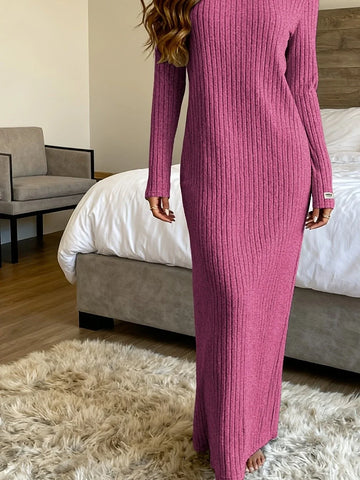 Women's ribbed knit winter maxi sweater dress in Rose Red