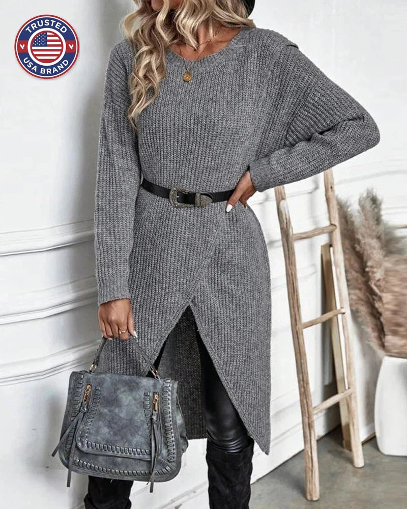 Women's ribbed winter sweater dress with dropped shoulders