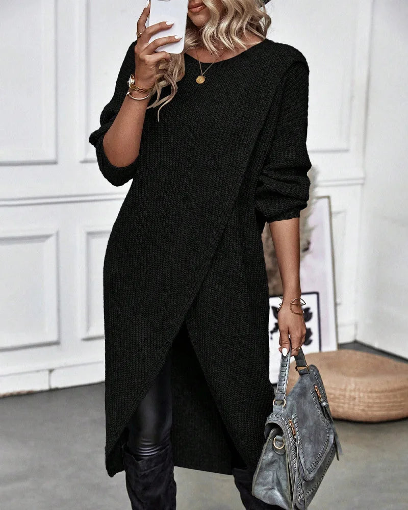 Women's ribbed winter sweater dress with dropped shoulders in Black