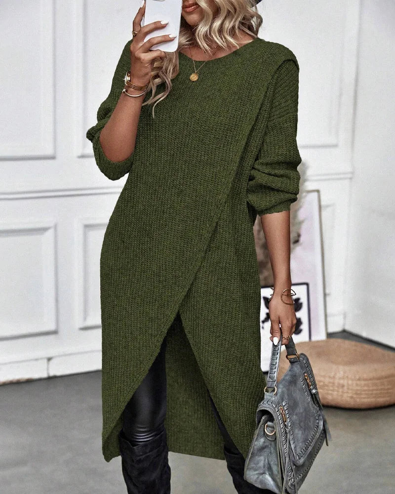 Women's ribbed winter sweater dress with dropped shoulders in Green
