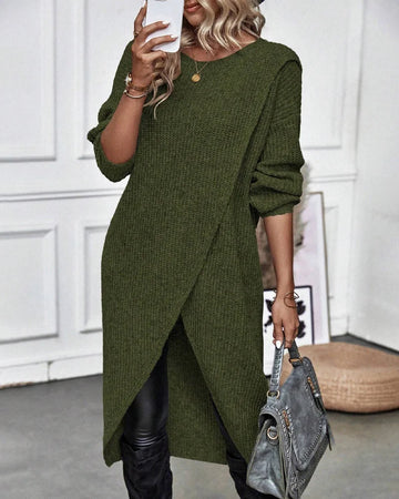 Women's ribbed winter sweater dress with dropped shoulders in Green