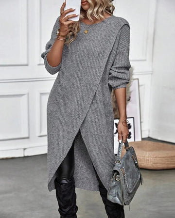 Women's ribbed winter sweater dress with dropped shoulders in Grey