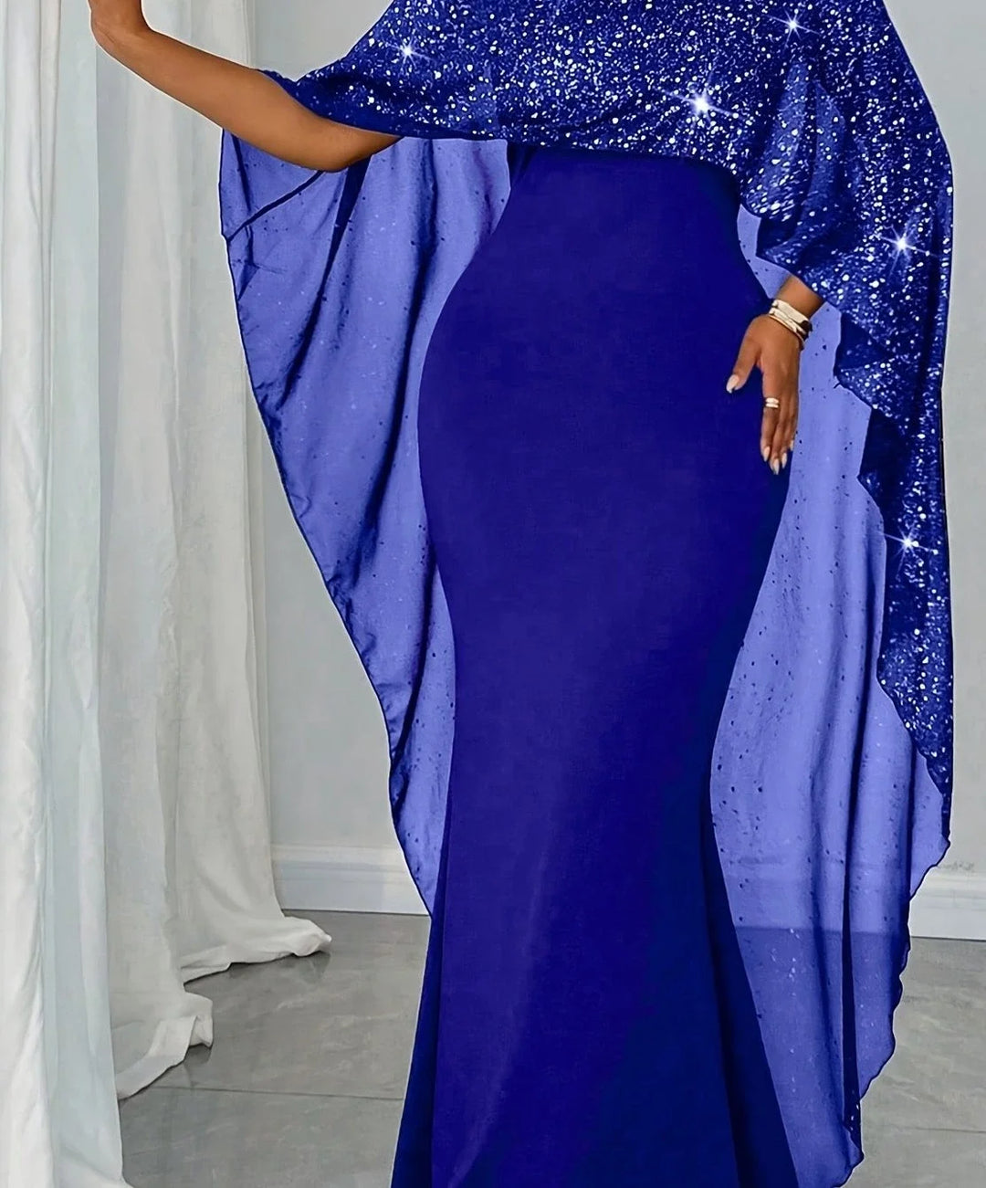 Women's sequined cape maxi winter Christmas party dress in Royal Blue