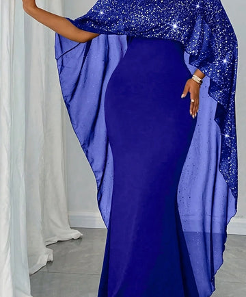 Women's sequined cape maxi winter Christmas party dress in Royal Blue