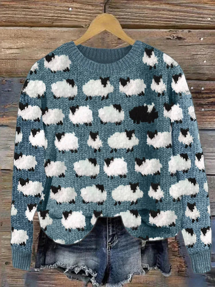 Women's sheep pattern winter jumper with round neck in Blue